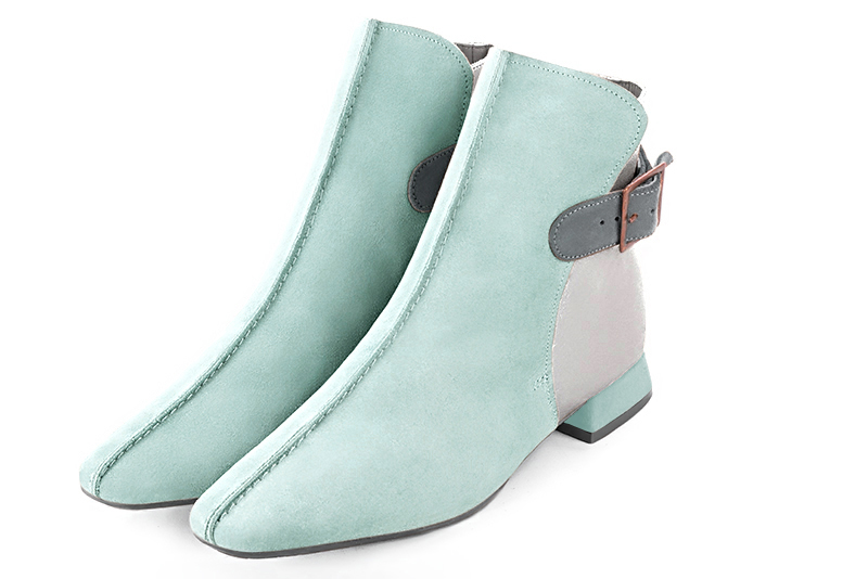 Women's aquamarine blue, silver and dove grey elegant ankle boots, with buckles at the back. Square toe. Flat flare heels - Front view